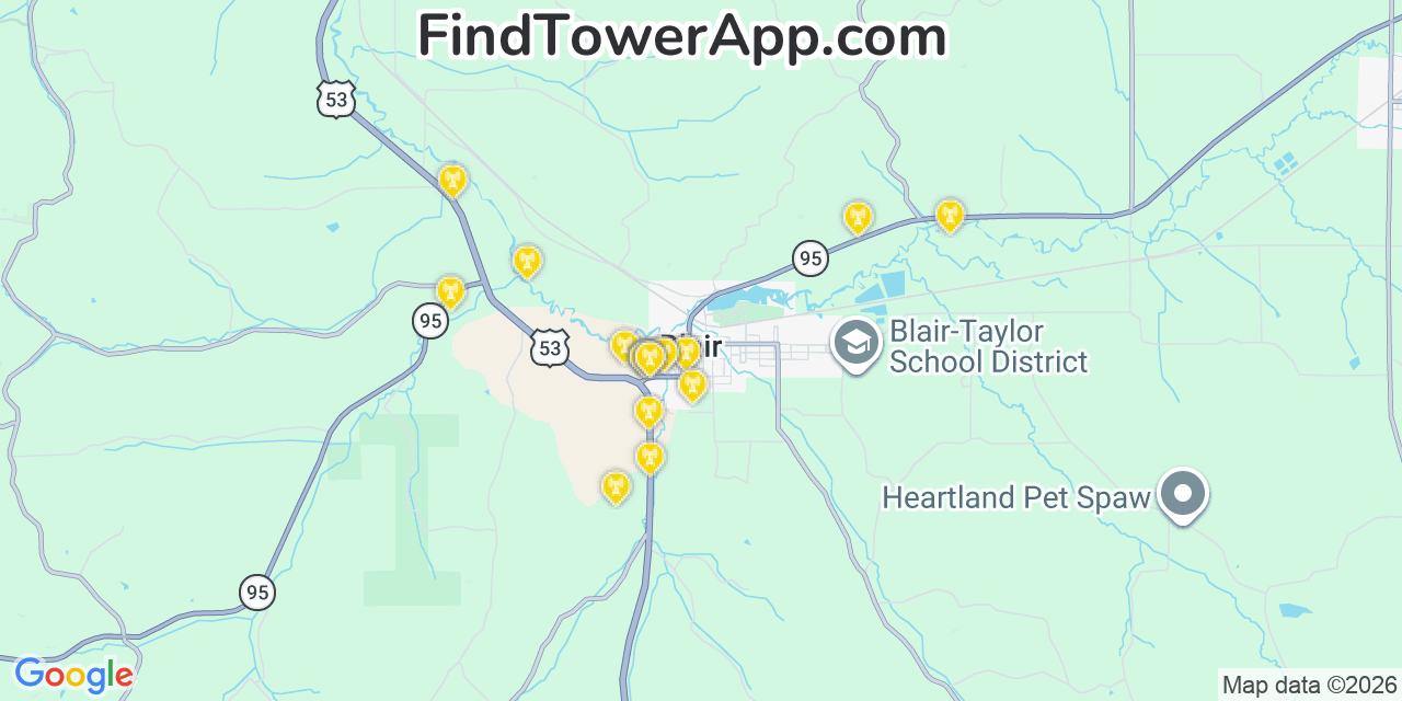 Map showing the 20 primary cell tower locations detected in Blair, Wisconsin from AT&T, Verizon, and T-Mobile networks