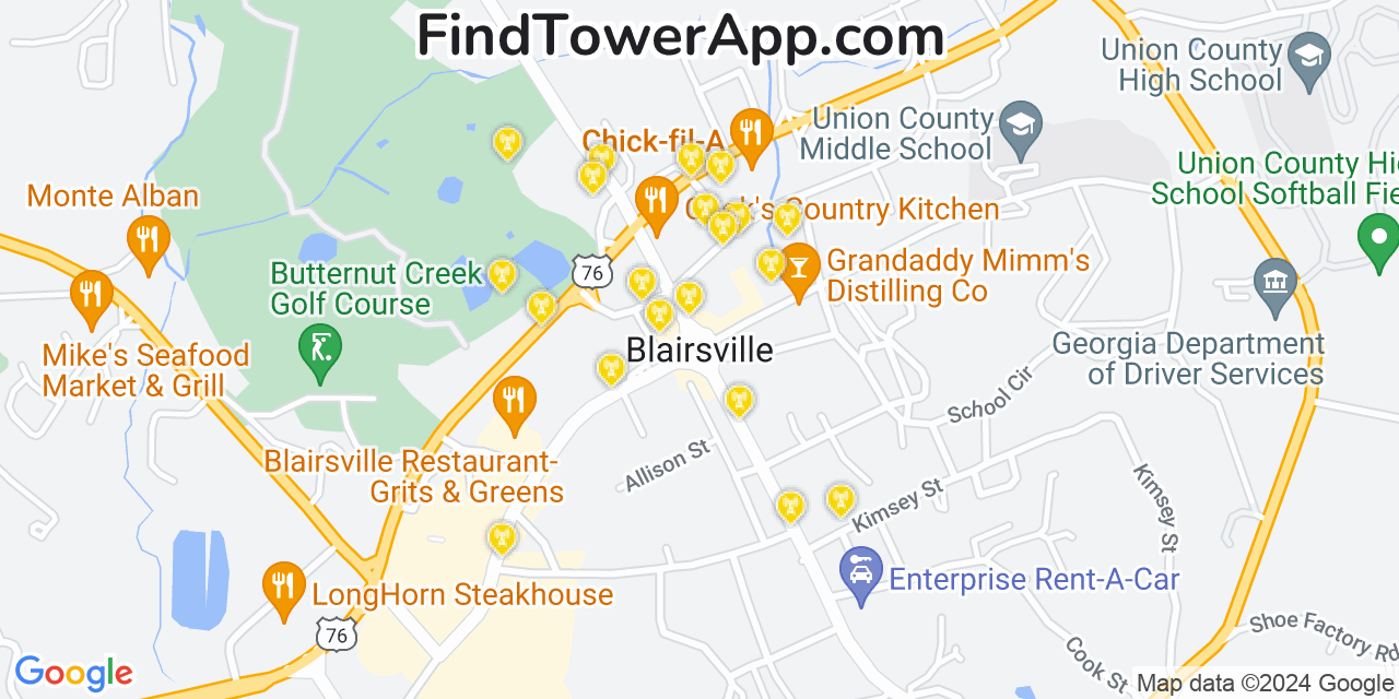 AT&T 4G/5G cell tower coverage map Blairsville, Georgia