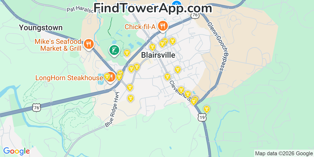 Map showing the 20 primary cell tower locations detected in Blairsville, Georgia from AT&T, Verizon, and T-Mobile networks