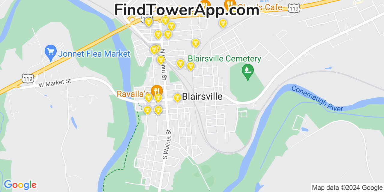 AT&T 4G/5G cell tower coverage map Blairsville, Pennsylvania