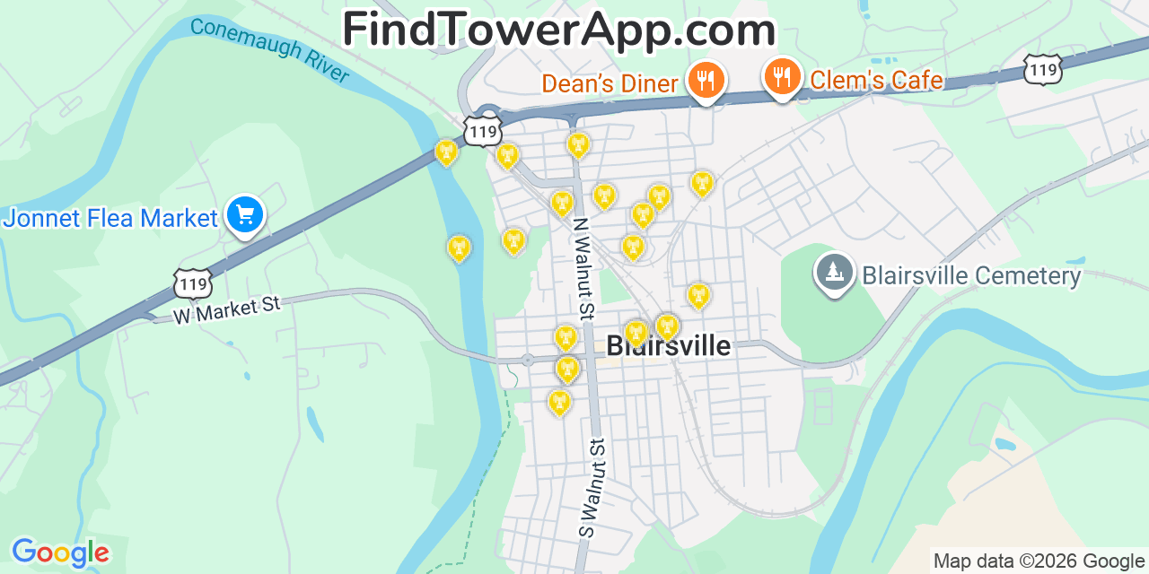 Map showing the 20 primary cell tower locations detected in Blairsville, Pennsylvania from AT&T, Verizon, and T-Mobile networks