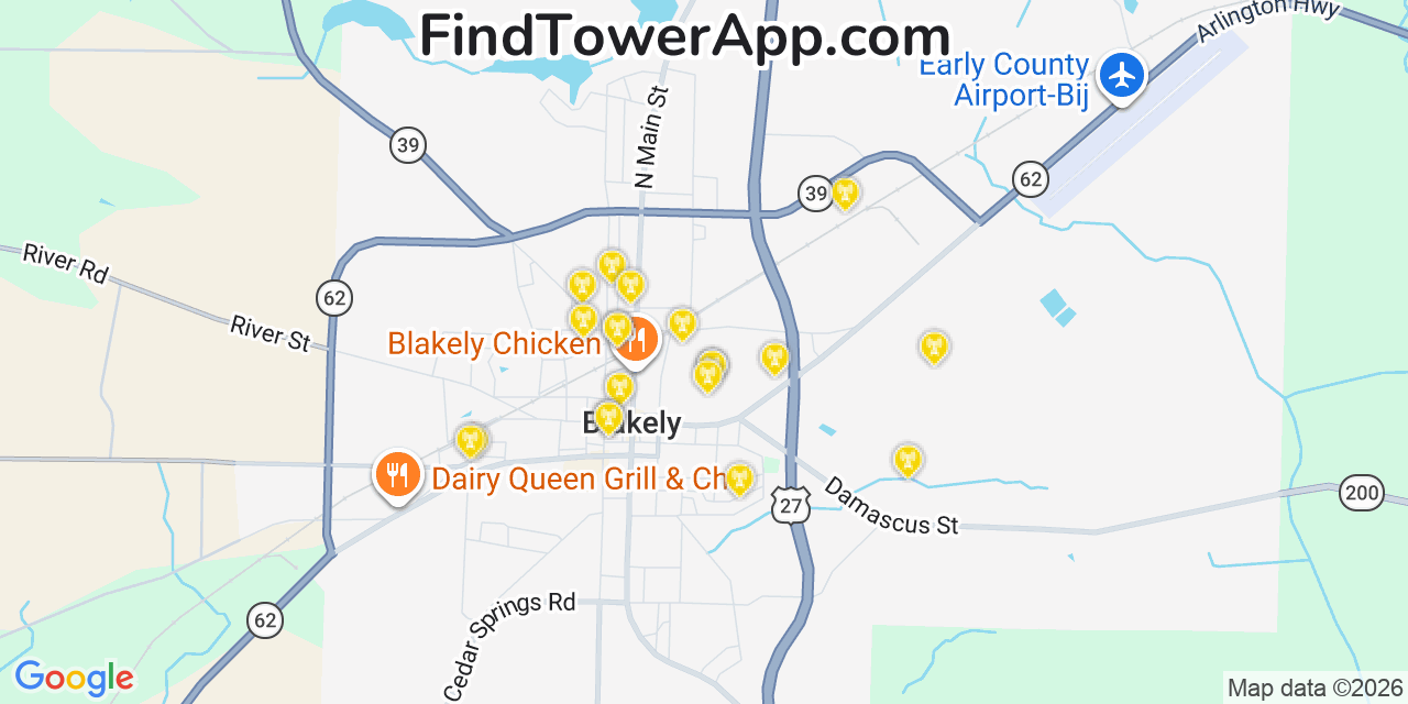 Map showing the 20 primary cell tower locations detected in Blakely, Georgia from AT&T, Verizon, and T-Mobile networks