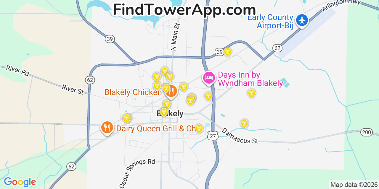 Map showing the 20 primary Mobitel cell tower locations detected in Blakely, Georgia with coverage radius and signal strength indicators