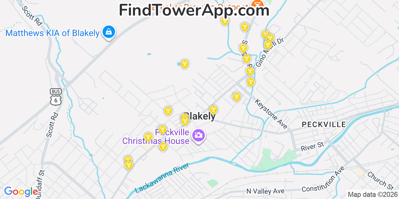 Map showing the 20 primary cell tower locations detected in Blakely, Pennsylvania from AT&T, Verizon, and T-Mobile networks