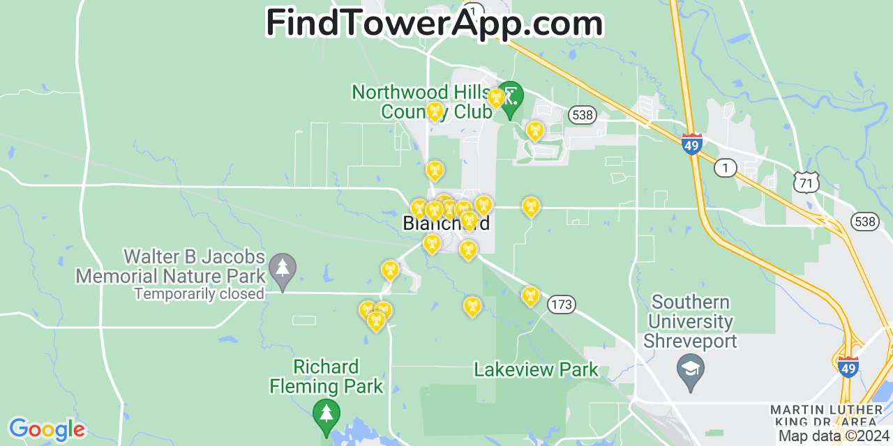 AT&T 4G/5G cell tower coverage map Blanchard, Louisiana