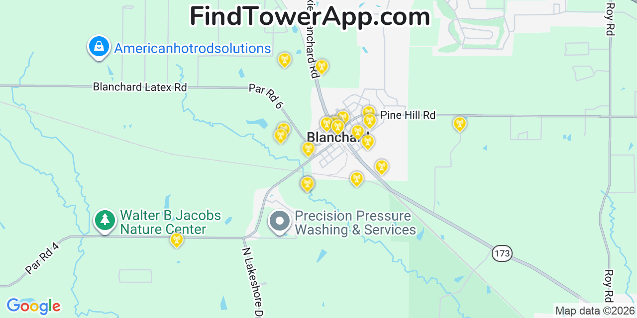 Map showing the 20 primary cell tower locations detected in Blanchard, Louisiana from AT&T, Verizon, and T-Mobile networks