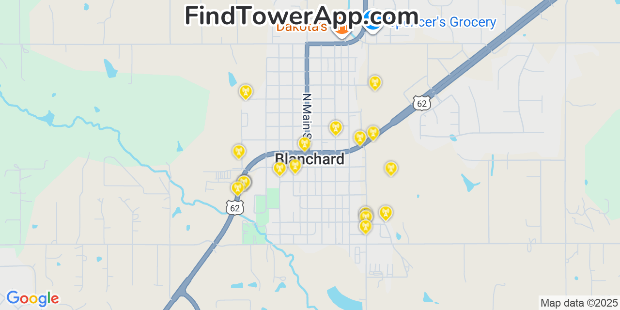 Map showing the 20 primary cell tower locations detected in Blanchard, Oklahoma from AT&T, Verizon, and T-Mobile networks