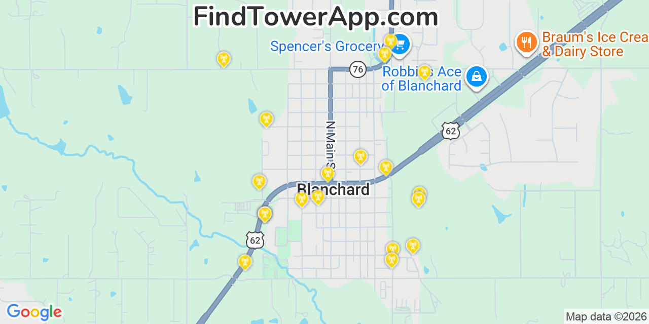 Map showing the 20 primary cell tower locations detected in Blanchard, Oklahoma from AT&T, Verizon, and T-Mobile networks