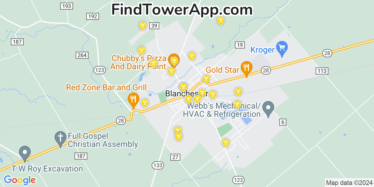 AT&T 4G/5G cell tower coverage map Blanchester, Ohio