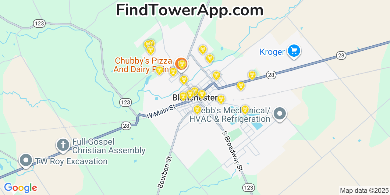 Map showing the 20 primary cell tower locations detected in Blanchester, Ohio from AT&T, Verizon, and T-Mobile networks