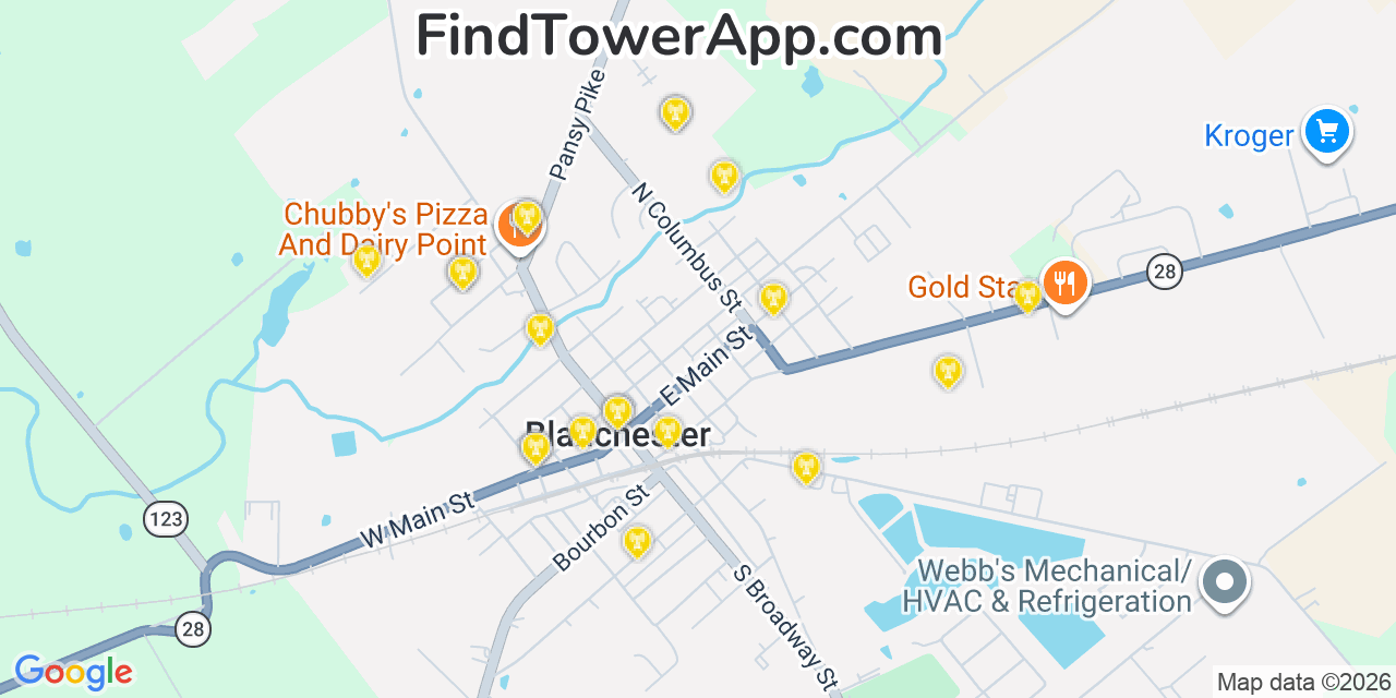 Map showing the 20 primary cell tower locations detected in Blanchester, Ohio from AT&T, Verizon, and T-Mobile networks