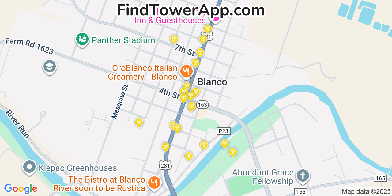 Map showing the 20 primary cell tower locations detected in Blanco, Texas from AT&T, Verizon, and T-Mobile networks