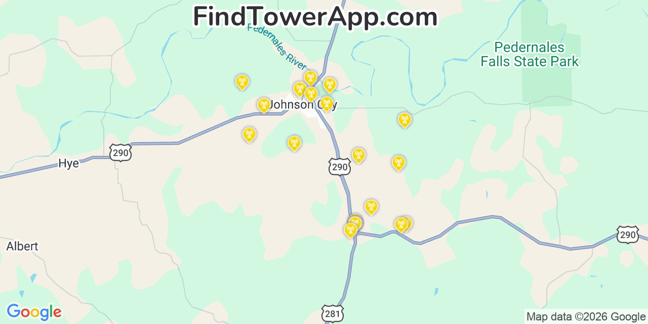 Map showing the 20 primary cell tower locations detected in Blanco, Texas from AT&T, Verizon, and T-Mobile networks