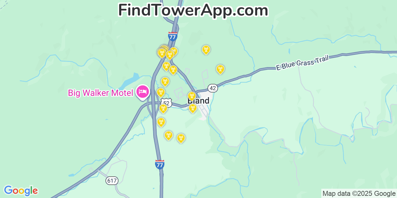 Map showing the 20 primary cell tower locations detected in Bland, Virginia from AT&T, Verizon, and T-Mobile networks