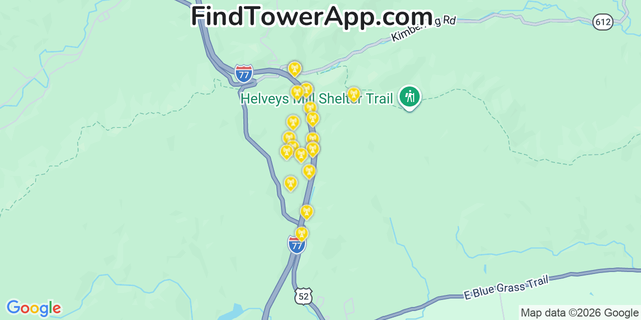Map showing the 20 primary cell tower locations detected in Bland, Virginia from AT&T, Verizon, and T-Mobile networks