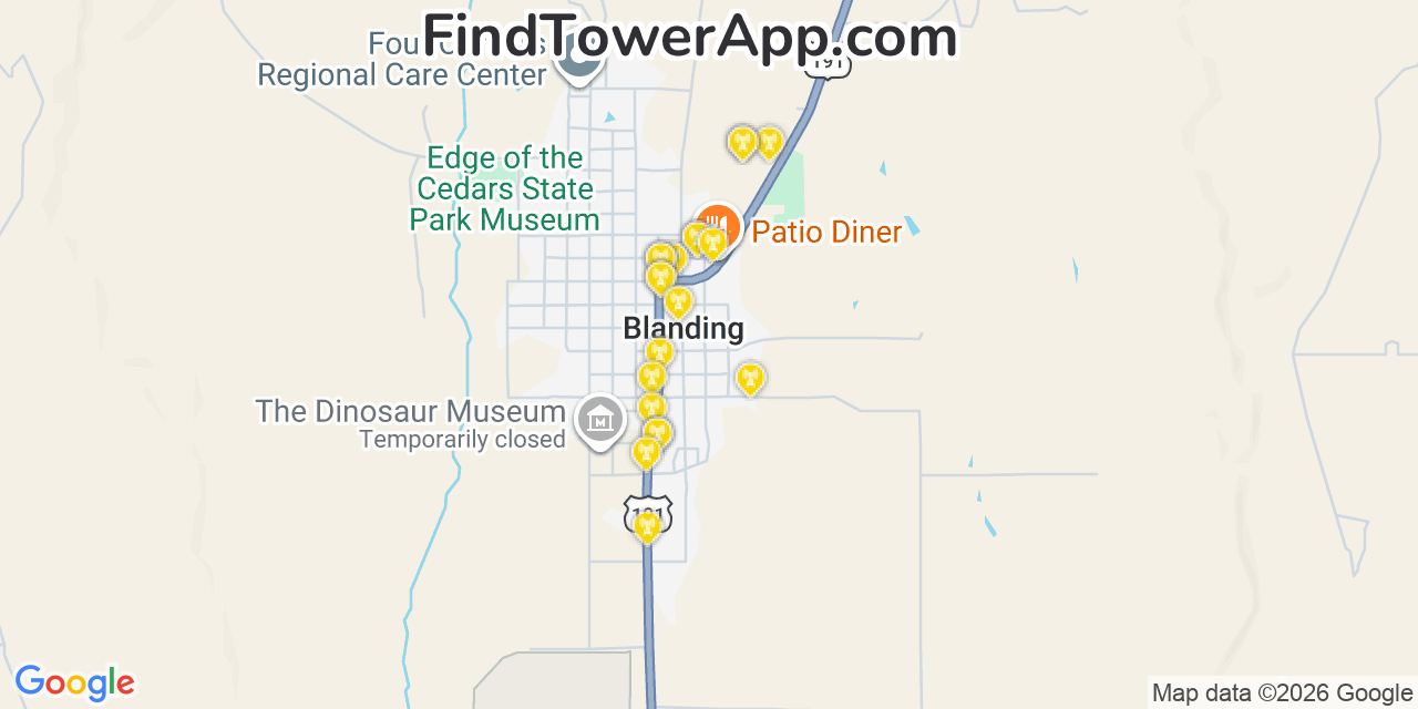 Map showing the 20 primary cell tower locations detected in Blanding, Utah from AT&T, Verizon, and T-Mobile networks