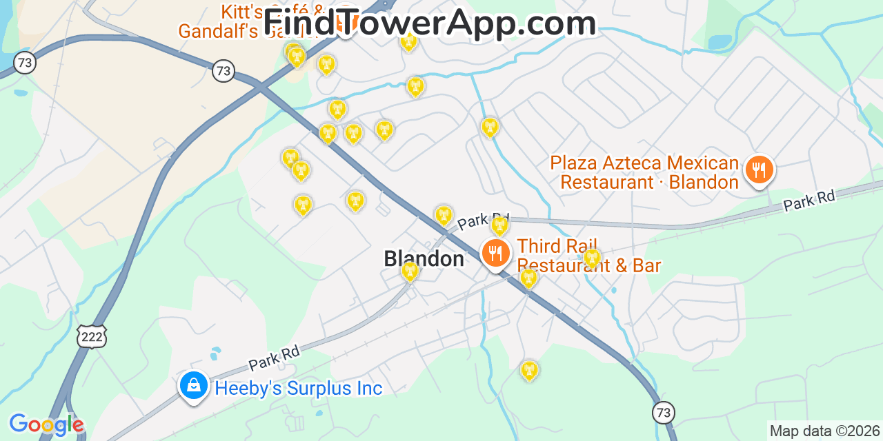 Map showing the 20 primary cell tower locations detected in Blandon, Pennsylvania from AT&T, Verizon, and T-Mobile networks