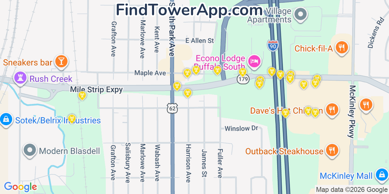 Map showing the 20 primary cell tower locations detected in Blasdell, New York from AT&T, Verizon, and T-Mobile networks
