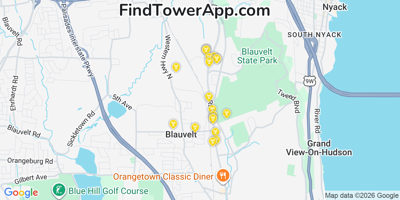 Map showing the 20 primary cell tower locations detected in Blauvelt, New York from AT&T, Verizon, and T-Mobile networks