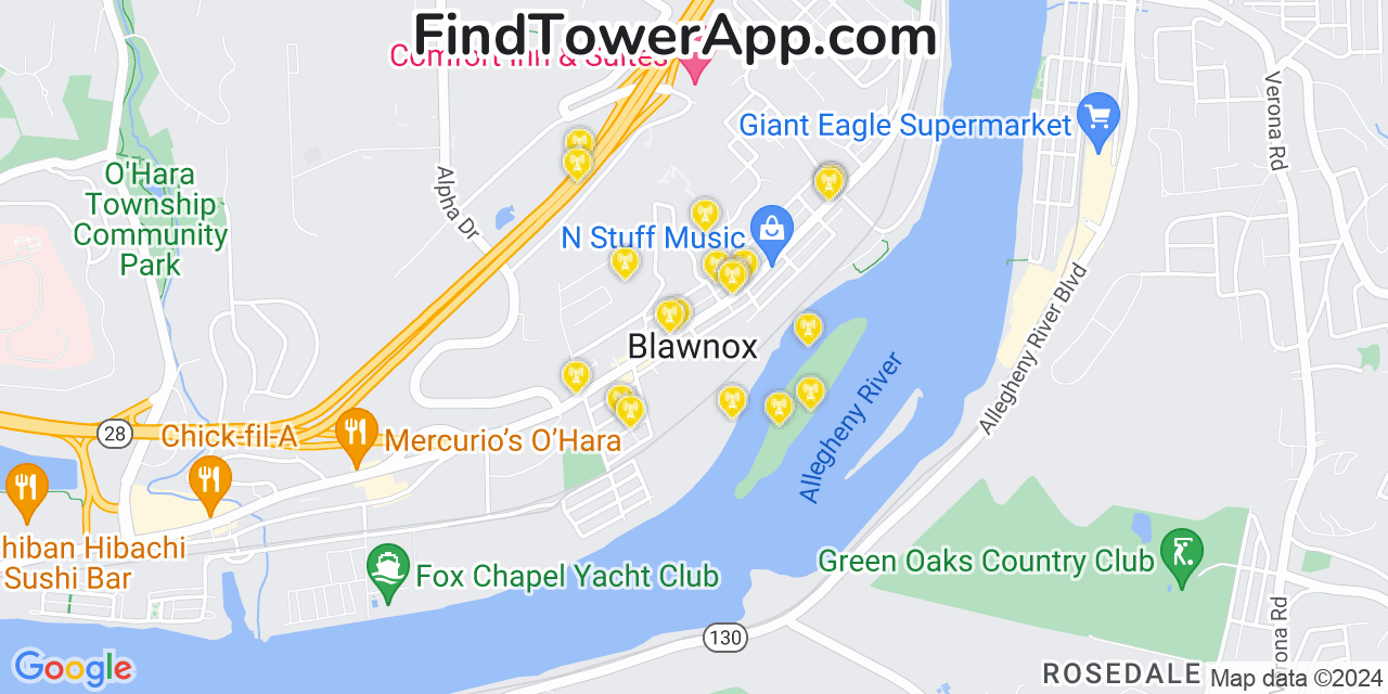 AT&T 4G/5G cell tower coverage map Blawnox, Pennsylvania