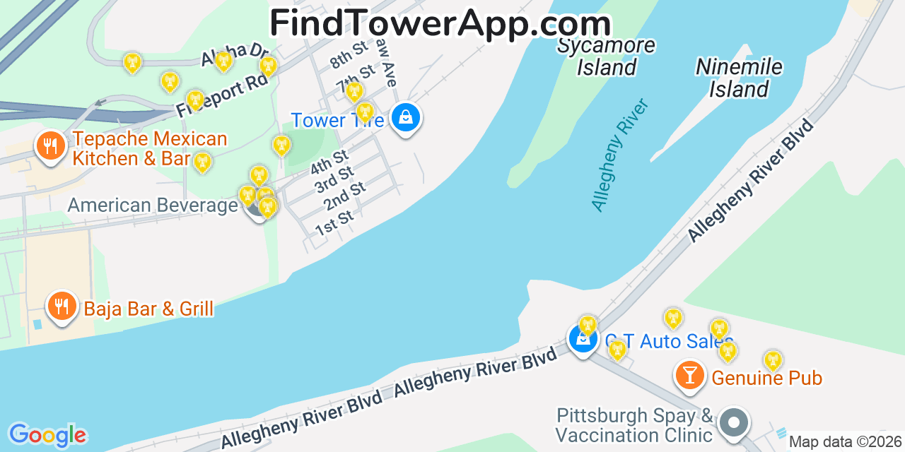 Map showing the 20 primary cell tower locations detected in Blawnox, Pennsylvania from AT&T, Verizon, and T-Mobile networks