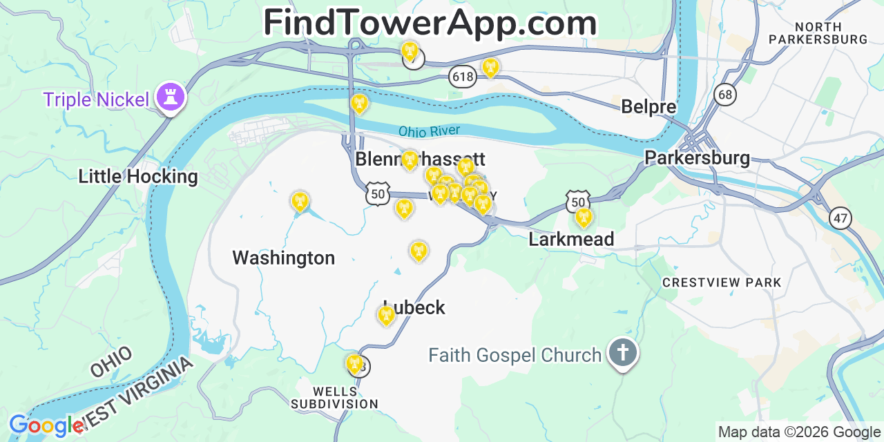 Map showing the 20 primary cell tower locations detected in Blennerhassett, West Virginia from AT&T, Verizon, and T-Mobile networks