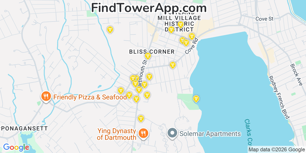 Map showing the 20 primary cell tower locations detected in Bliss Corner, Massachusetts from AT&T, Verizon, and T-Mobile networks
