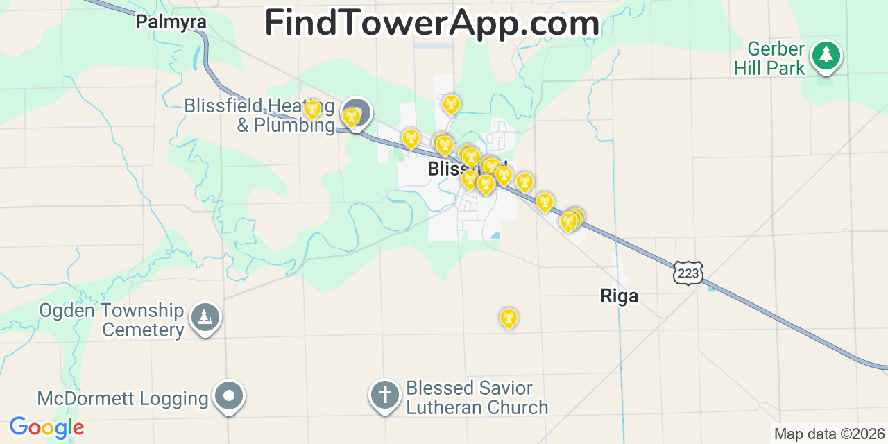 Map showing the 20 primary cell tower locations detected in Blissfield, Michigan from AT&T, Verizon, and T-Mobile networks