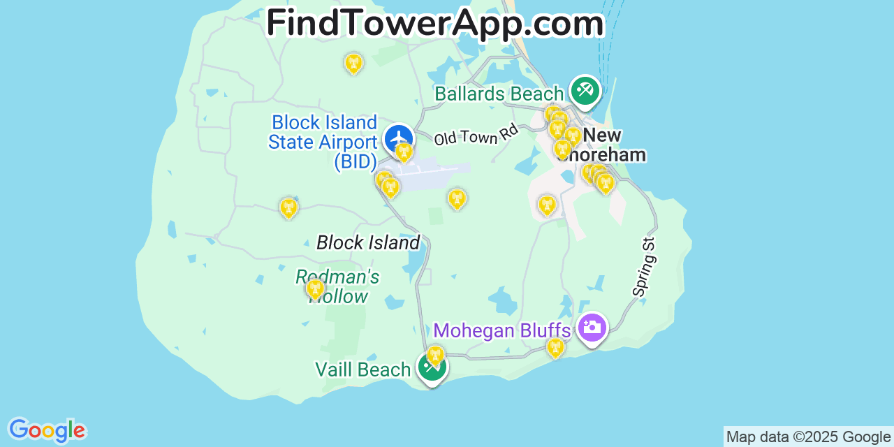 Map showing the 20 primary cell tower locations detected in Block Island, Rhode Island from AT&T, Verizon, and T-Mobile networks