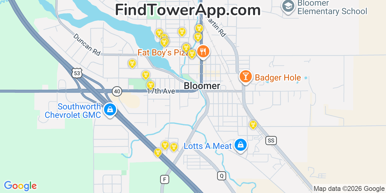 Map showing the 20 primary cell tower locations detected in Bloomer, Wisconsin from AT&T, Verizon, and T-Mobile networks