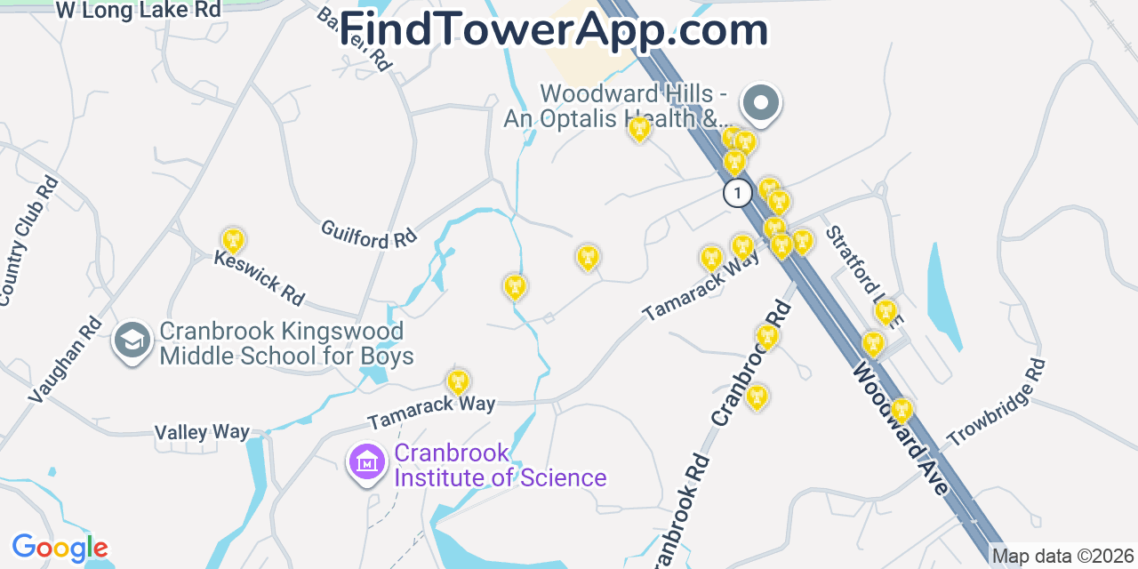 Map showing the 20 primary cell tower locations detected in Bloomfield Hills, Michigan from AT&T, Verizon, and T-Mobile networks