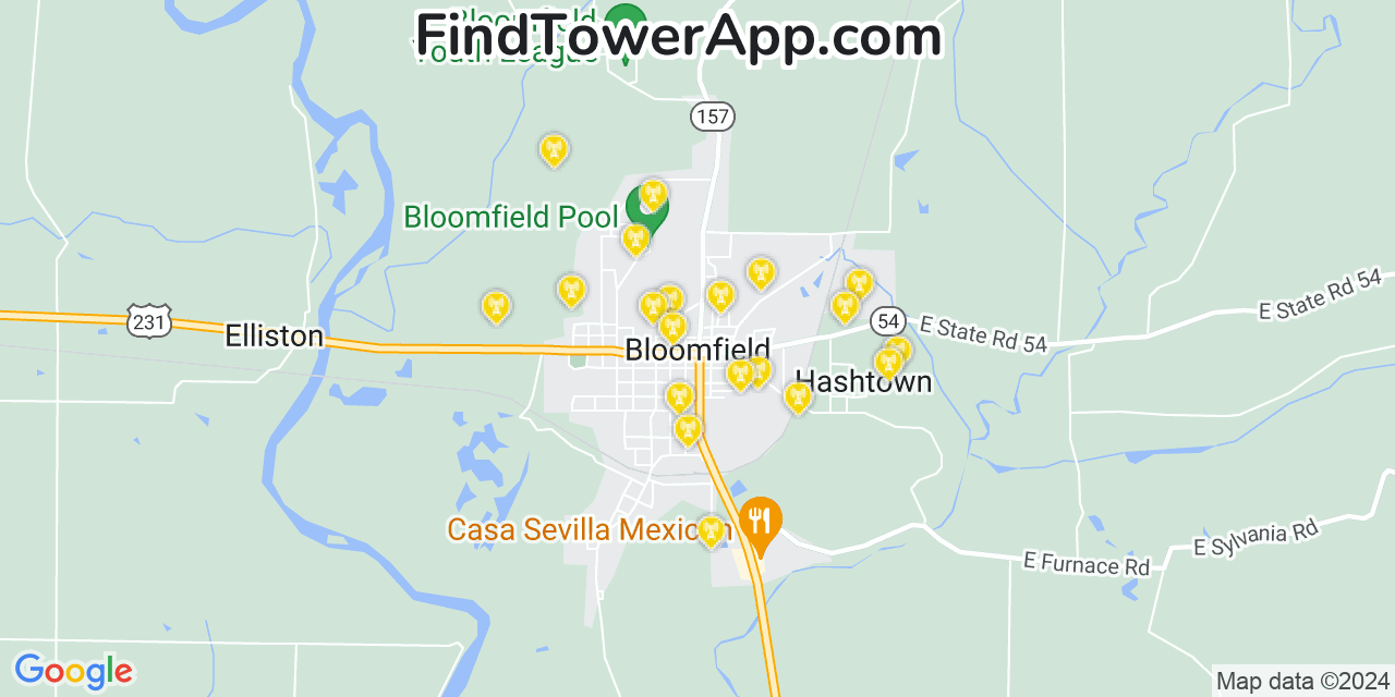 AT&T 4G/5G cell tower coverage map Bloomfield, Indiana