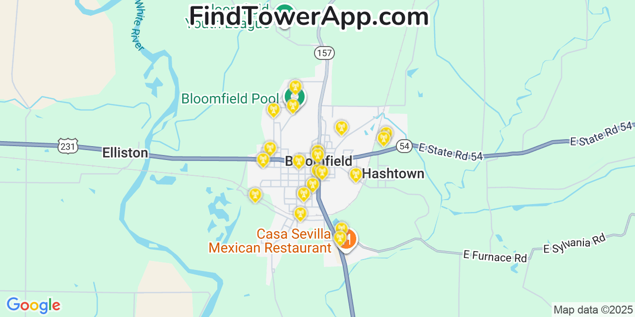 Map showing the 20 primary cell tower locations detected in Bloomfield, Indiana from AT&T, Verizon, and T-Mobile networks