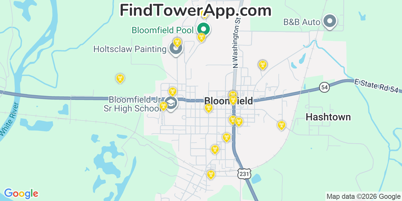 Map showing the 20 primary cell tower locations detected in Bloomfield, Indiana from AT&T, Verizon, and T-Mobile networks