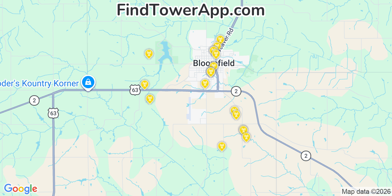 Map showing the 20 primary cell tower locations detected in Bloomfield, Iowa from AT&T, Verizon, and T-Mobile networks