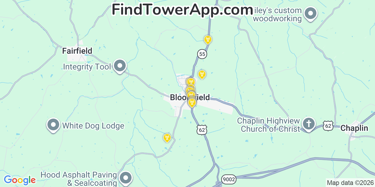 Map showing the 20 primary cell tower locations detected in Bloomfield, Kentucky from AT&T, Verizon, and T-Mobile networks