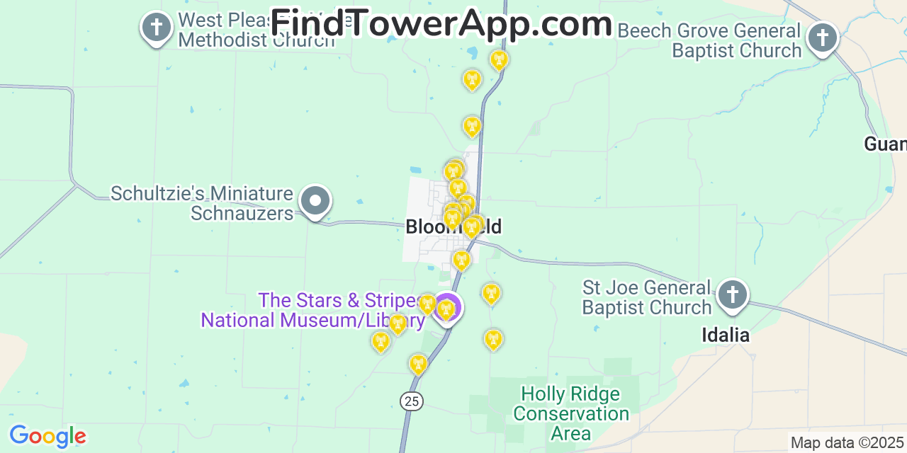 Map showing the 20 primary cell tower locations detected in Bloomfield, Missouri from AT&T, Verizon, and T-Mobile networks