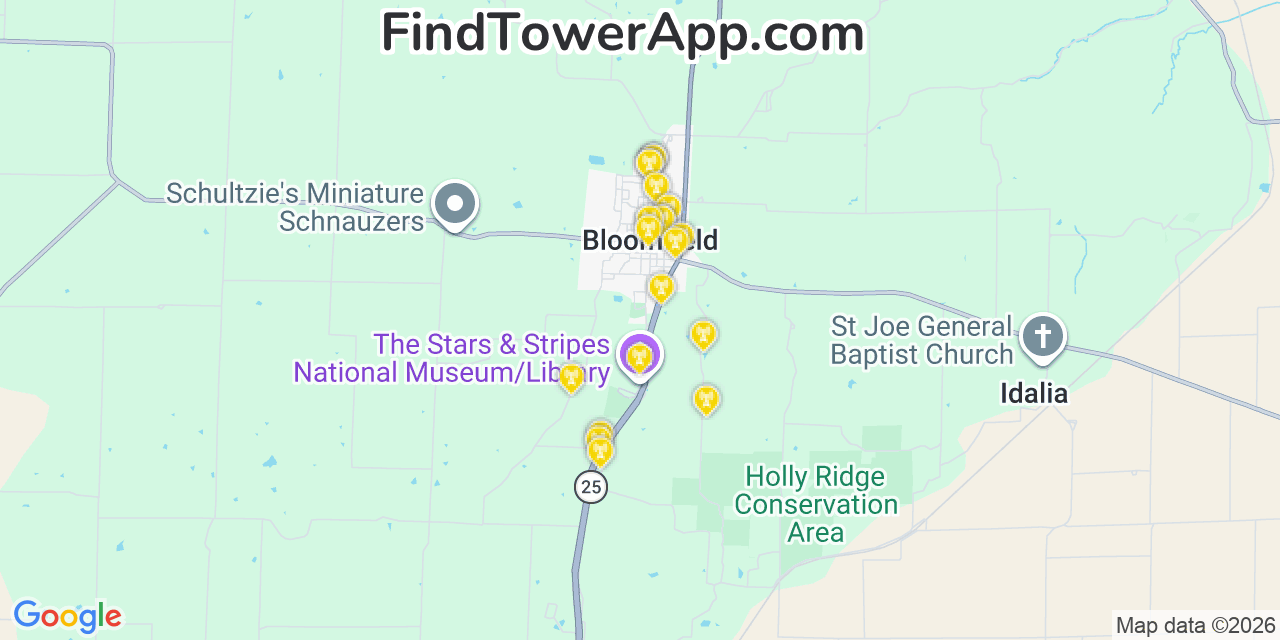 Map showing the 20 primary cell tower locations detected in Bloomfield, Missouri from AT&T, Verizon, and T-Mobile networks