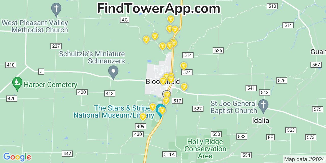 Verizon 4G/5G cell tower coverage map Bloomfield, Missouri