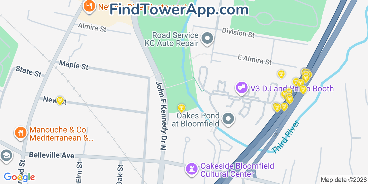 Map showing the 20 primary cell tower locations detected in Bloomfield, New Jersey from AT&T, Verizon, and T-Mobile networks