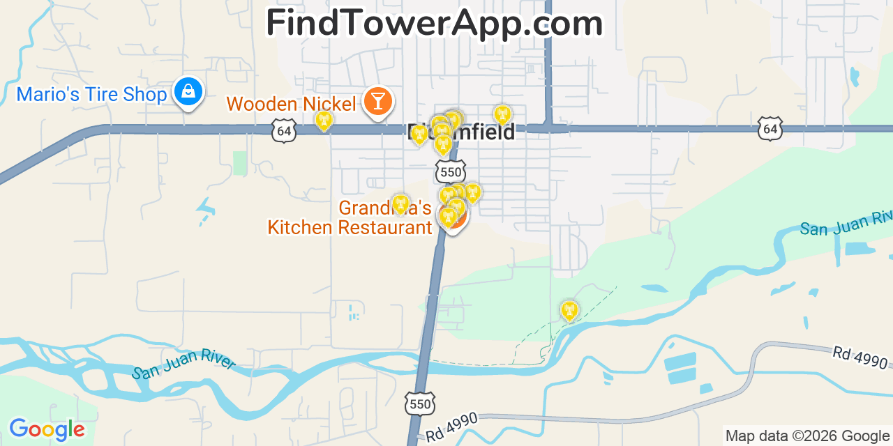 Map showing the 20 primary cell tower locations detected in Bloomfield, New Mexico from AT&T, Verizon, and T-Mobile networks