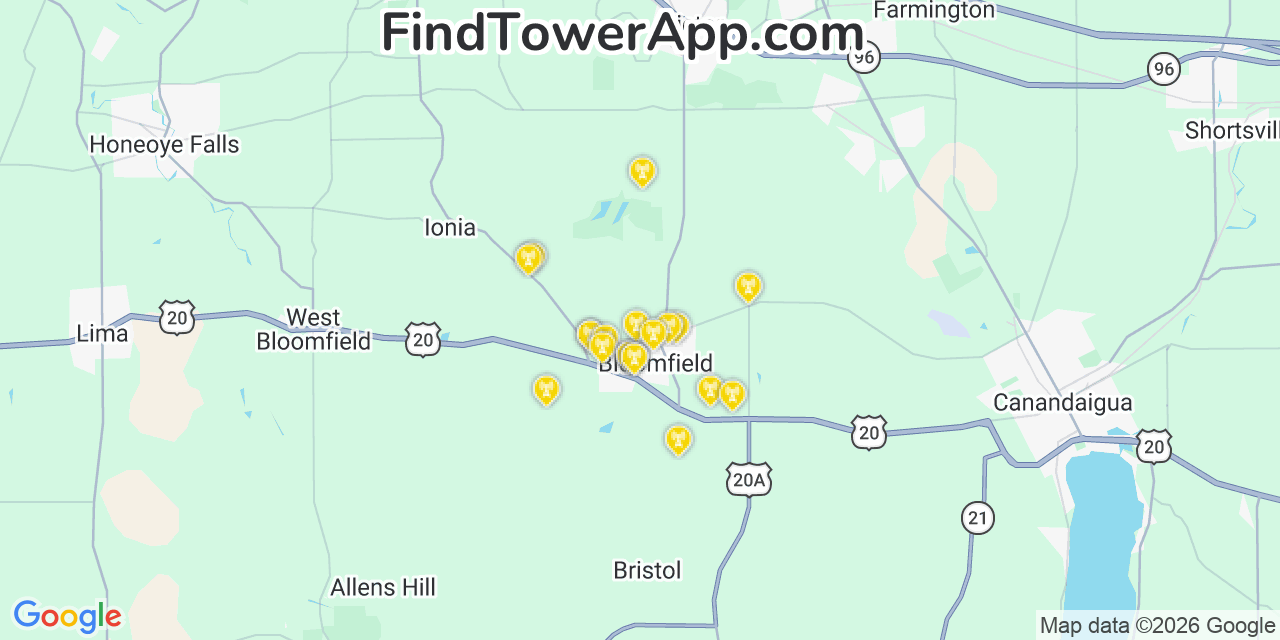 Map showing the 20 primary cell tower locations detected in Bloomfield, New York from AT&T, Verizon, and T-Mobile networks