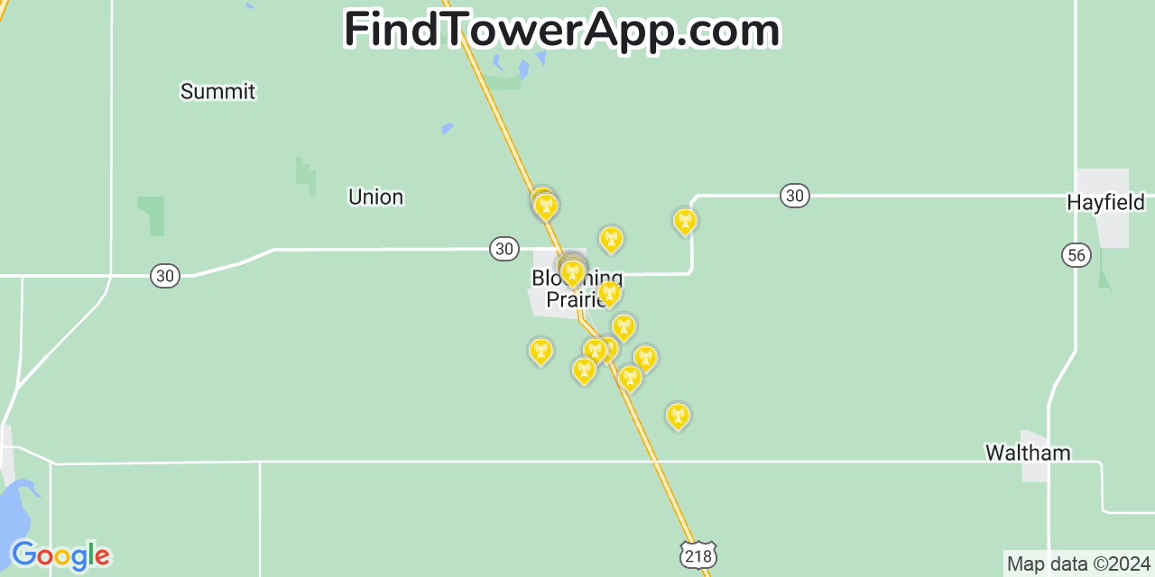 AT&T 4G/5G cell tower coverage map Blooming Prairie, Minnesota