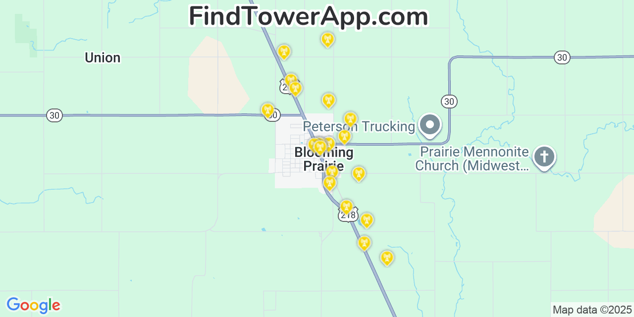 Map showing the 20 primary cell tower locations detected in Blooming Prairie, Minnesota from AT&T, Verizon, and T-Mobile networks