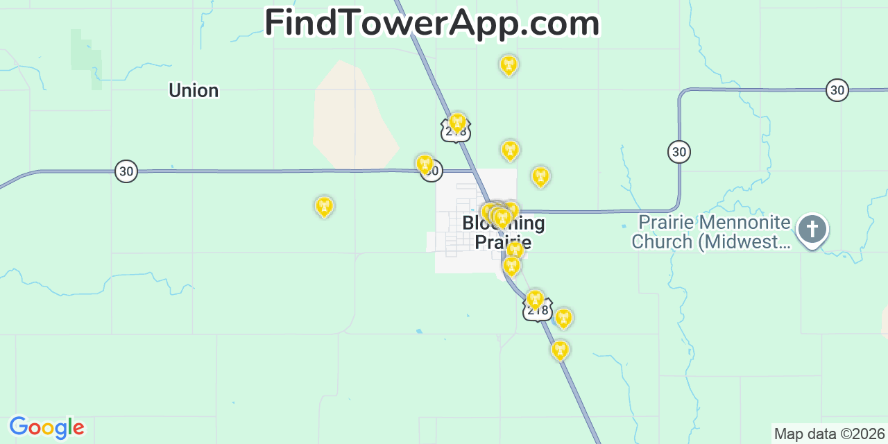 Map showing the 20 primary cell tower locations detected in Blooming Prairie, Minnesota from AT&T, Verizon, and T-Mobile networks