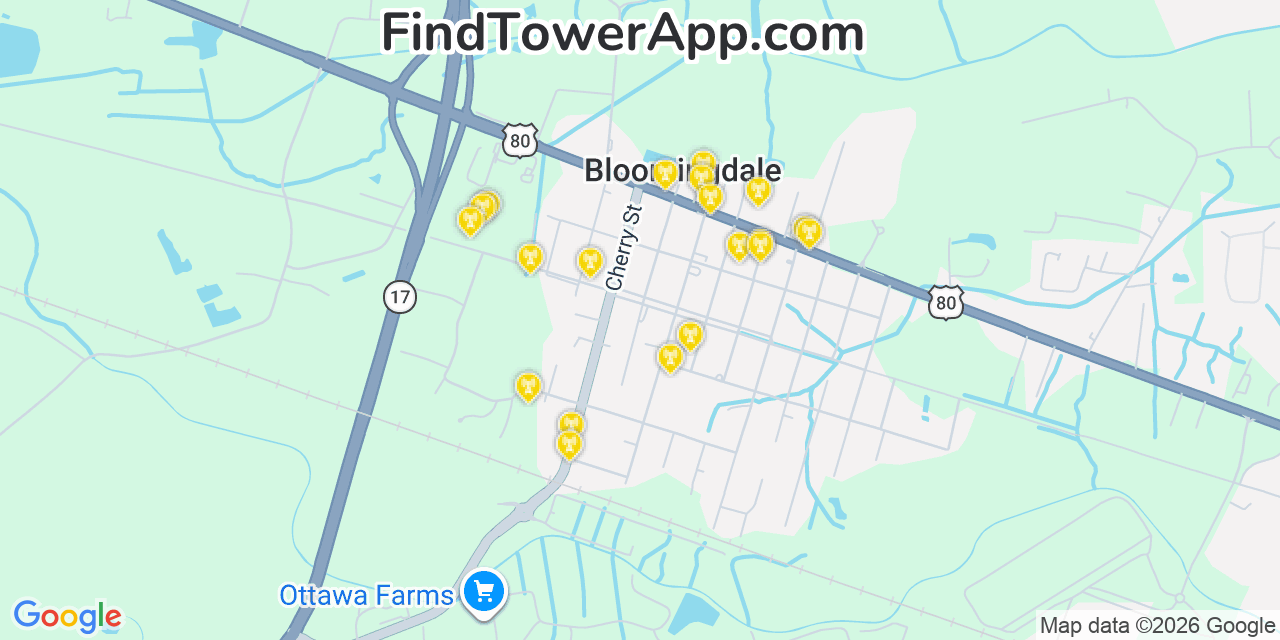 Map showing the 20 primary cell tower locations detected in Bloomingdale, Georgia from AT&T, Verizon, and T-Mobile networks