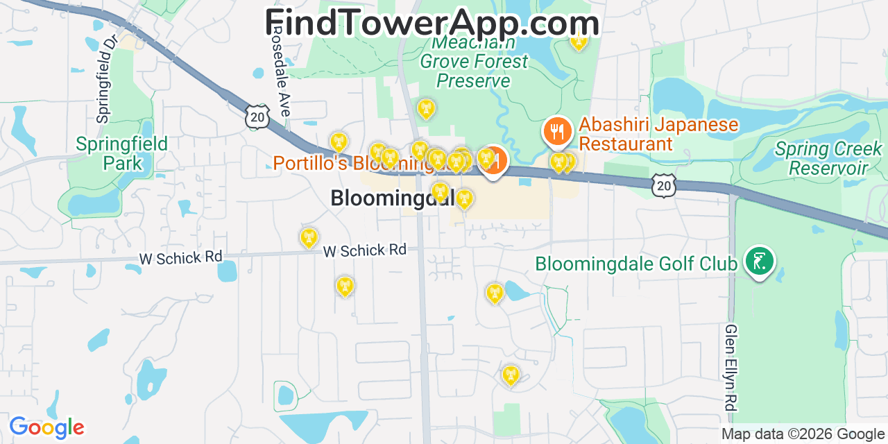 Map showing the 20 primary cell tower locations detected in Bloomingdale, Illinois from AT&T, Verizon, and T-Mobile networks