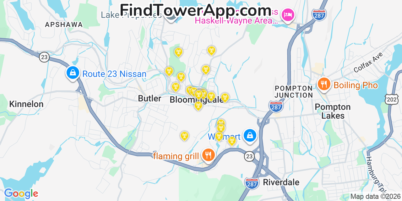 Map showing the 20 primary cell tower locations detected in Bloomingdale, New Jersey from AT&T, Verizon, and T-Mobile networks