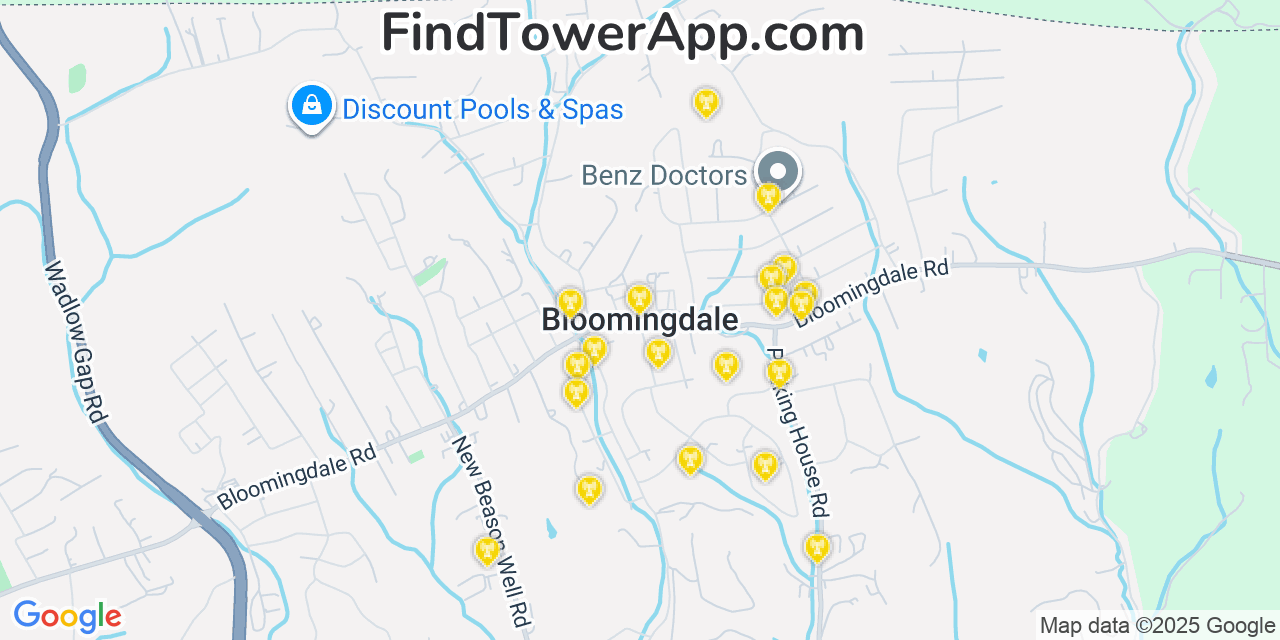 Map showing the 20 primary cell tower locations detected in Bloomingdale, Tennessee from AT&T, Verizon, and T-Mobile networks