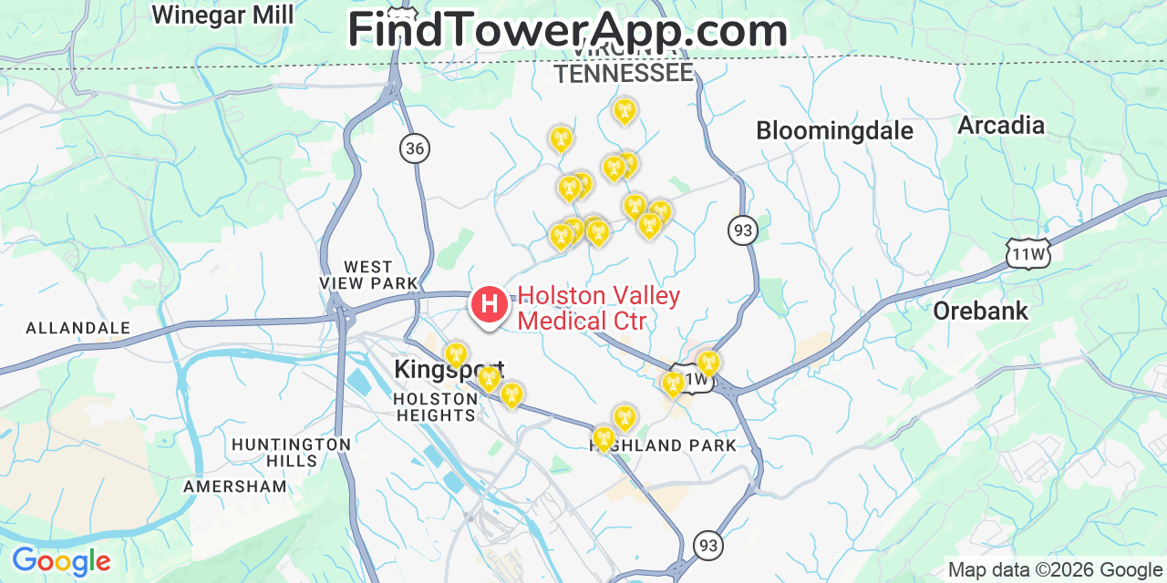 Map showing the 20 primary cell tower locations detected in Bloomingdale, Tennessee from AT&T, Verizon, and T-Mobile networks